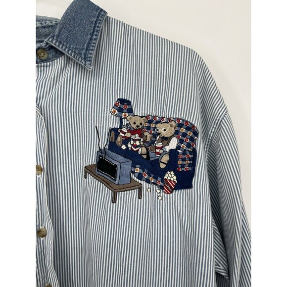 Vintage Quizz New York Shirt Womens 20 Blue White Stripe Embroidered Bears Denim - Picture 3 of 8